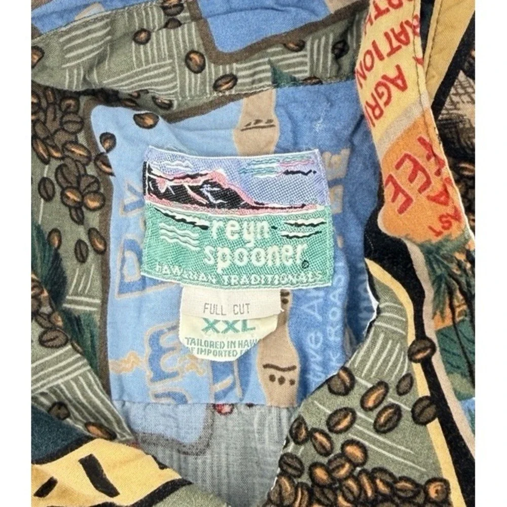 Reyn‎ Spooner Polo Shirt Full Cut 2XL Kona Coffee Bean Postcard Hawaiian